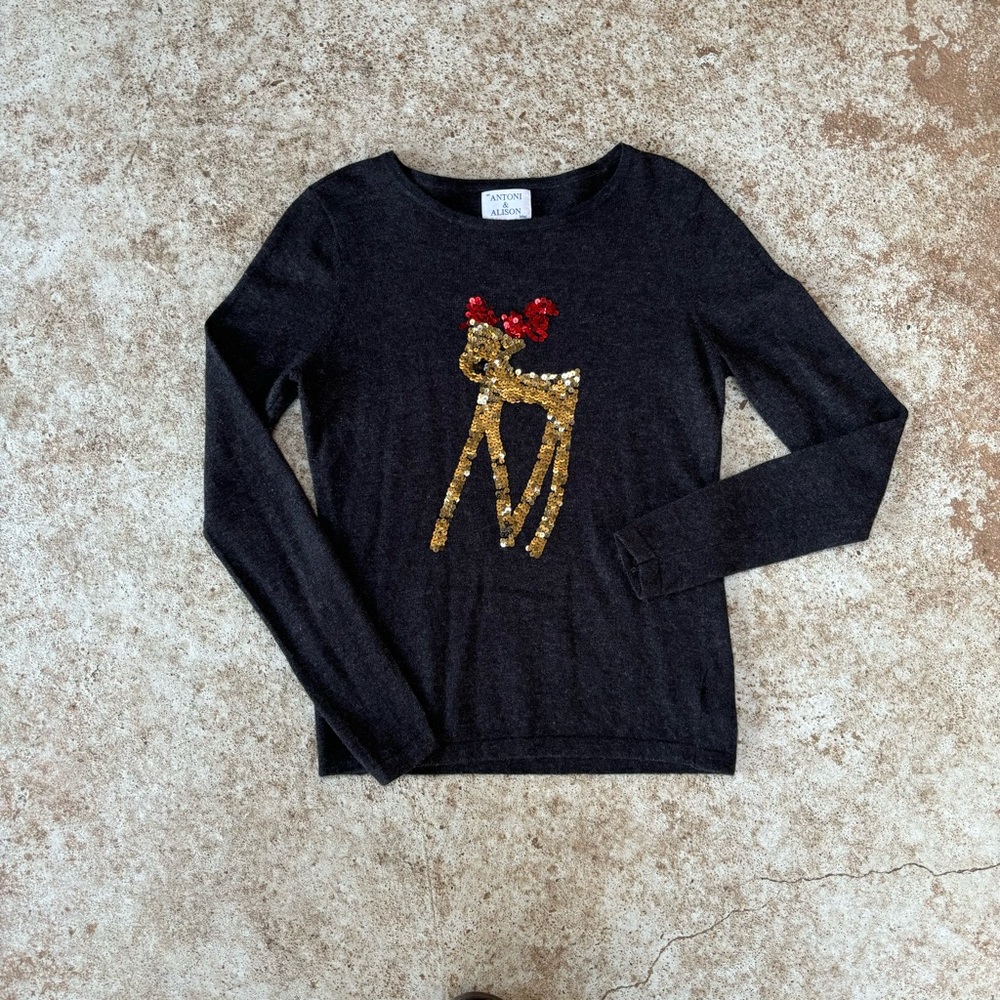 Antoni & Alison Sweater Cashmere Lambswool Blend Sz M Sequin Reindeer Holiday